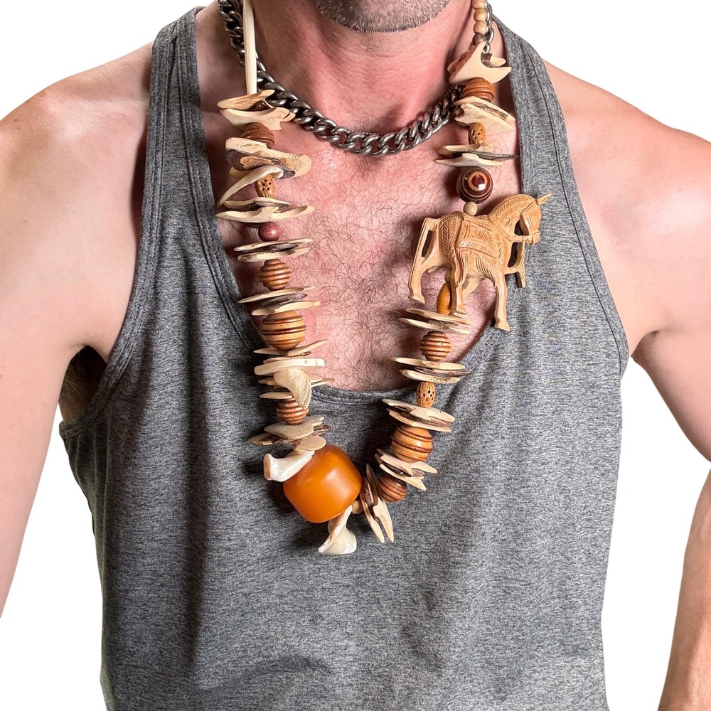 Vintage Hand Carved‎ Wood Horse Statement Necklace Shell Resin Bone Beads Brown